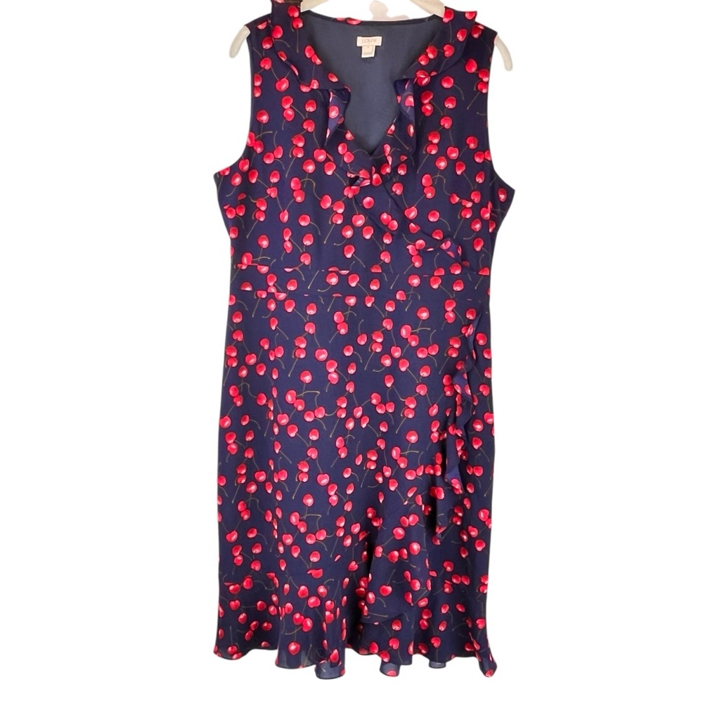 J Crew Factory Cherry Print Dress Ruffled Neck and Hemline Faux Wrap Navy Red 12 - Picture 2 of 11